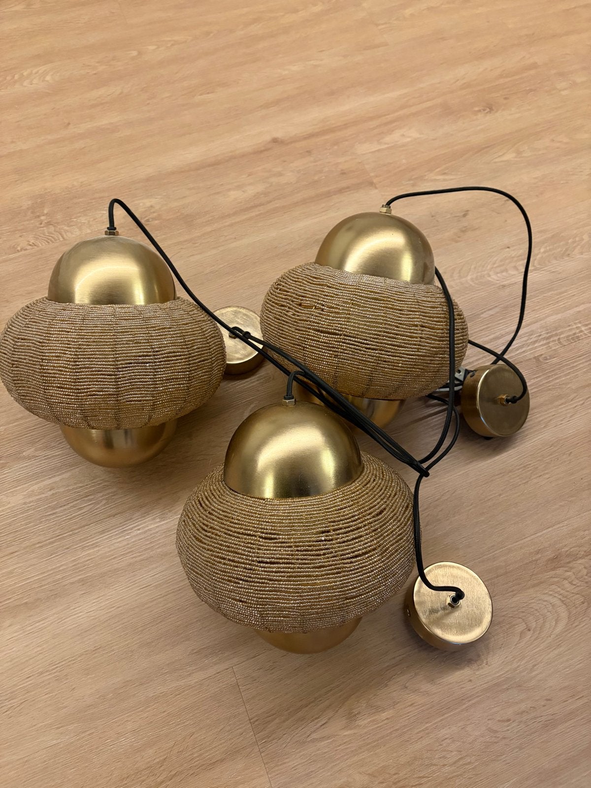 Set van 3 Luxe  Hanglampen 26cm / Goud / Brons), Ophalen, Zo goed als nieuw, Metaal, E27 (groot)