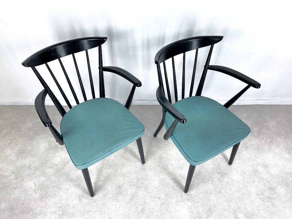 set spijlenstoelen hout armleuning turqoise zitting 60s, Ophalen, Gebruikt, Twee, Overige kleuren
