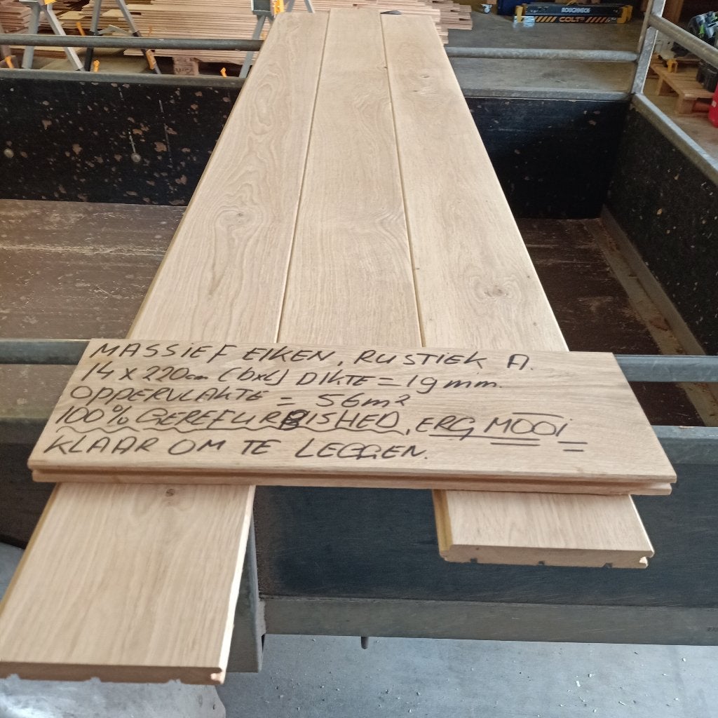 massief eiken houten vloer, 56m2, 14cm br. 100%gerefurbished, Ophalen, Vloerdelen of -planken, Zo goed als nieuw, 10 m² of meer