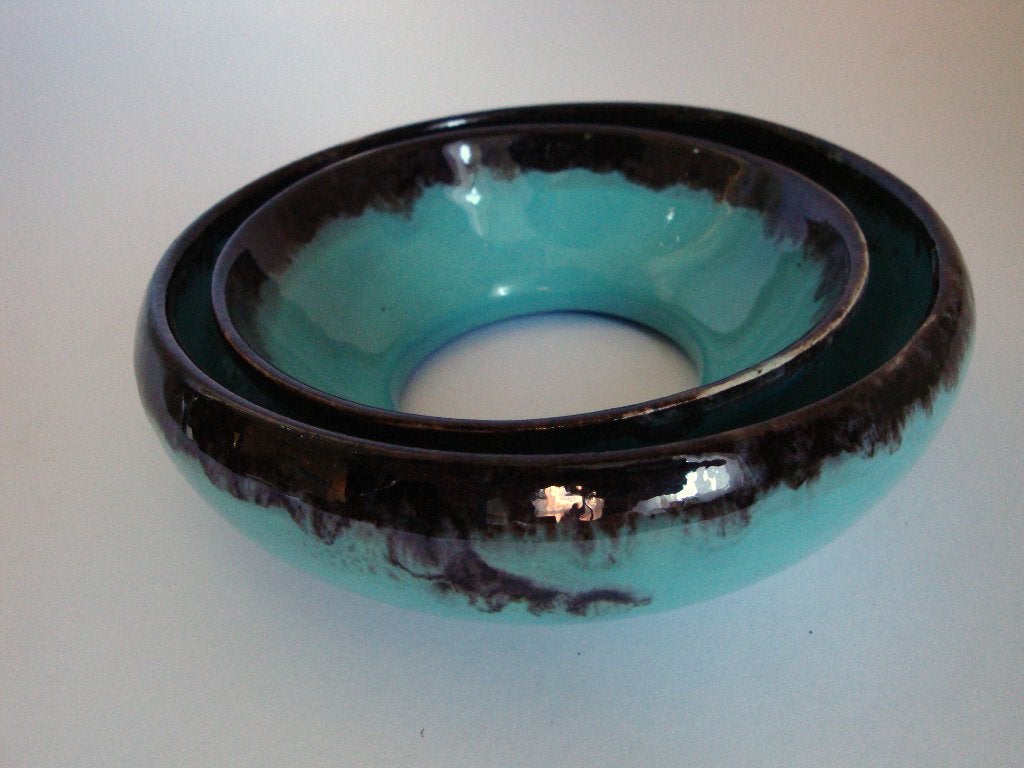 mid century vaas bloemring druipglazuur fat keramiek blauw, Antiek en Kunst, Ophalen of Verzenden