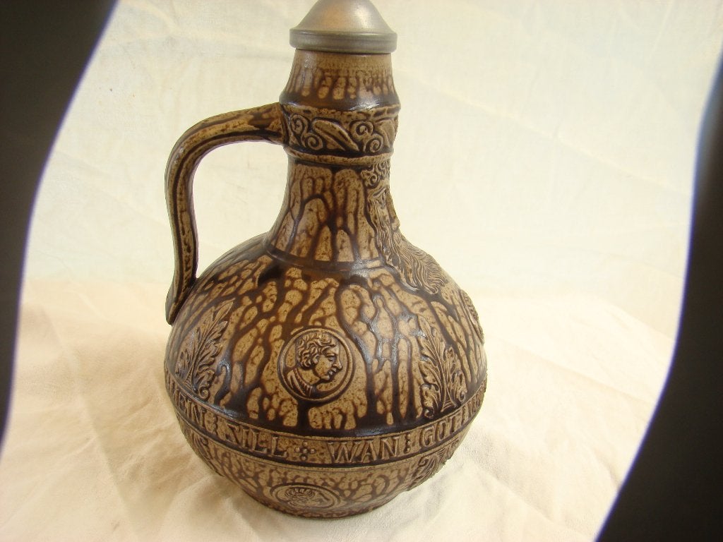 Vintage aardewerk kruik met tinnen deksel, Ophalen of Verzenden