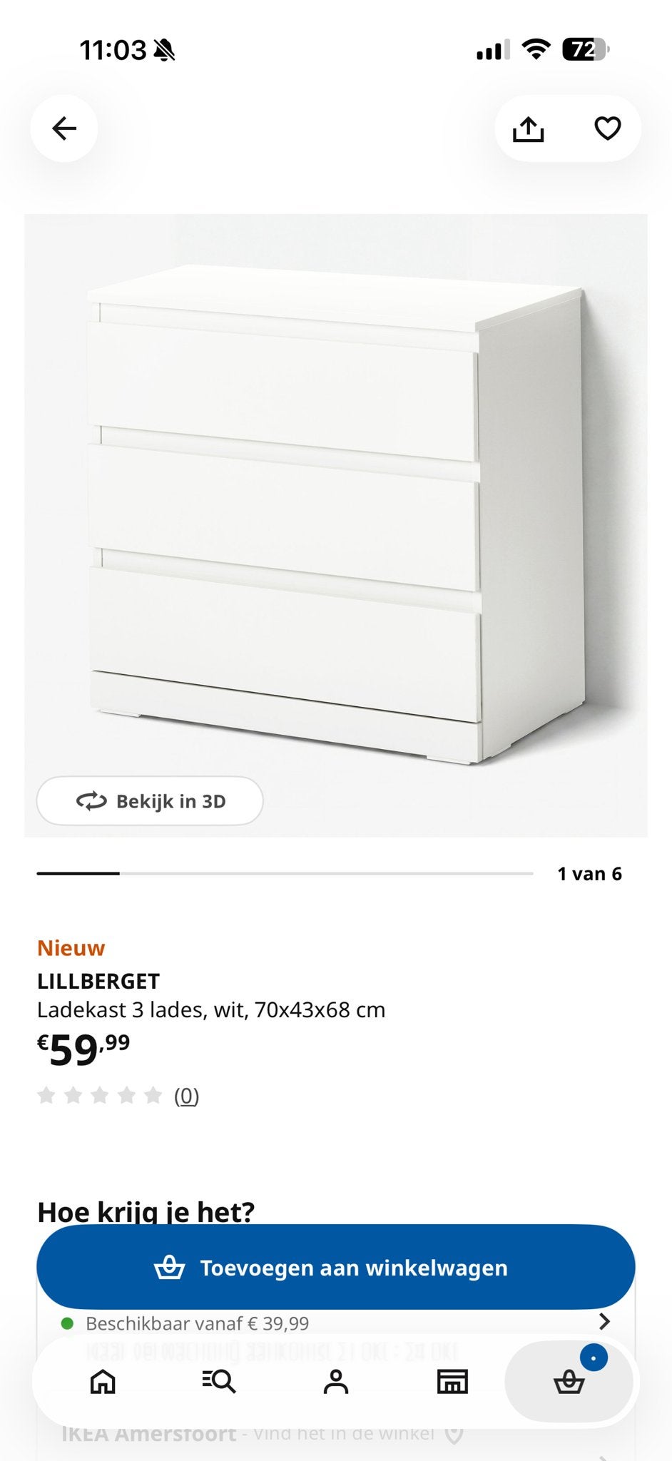 IKEA LILLBERGET Ladekast 3 laden wit, 70x43x68 cm, Ophalen, Gebruikt, 50 tot 100 cm, 3 of 4 laden