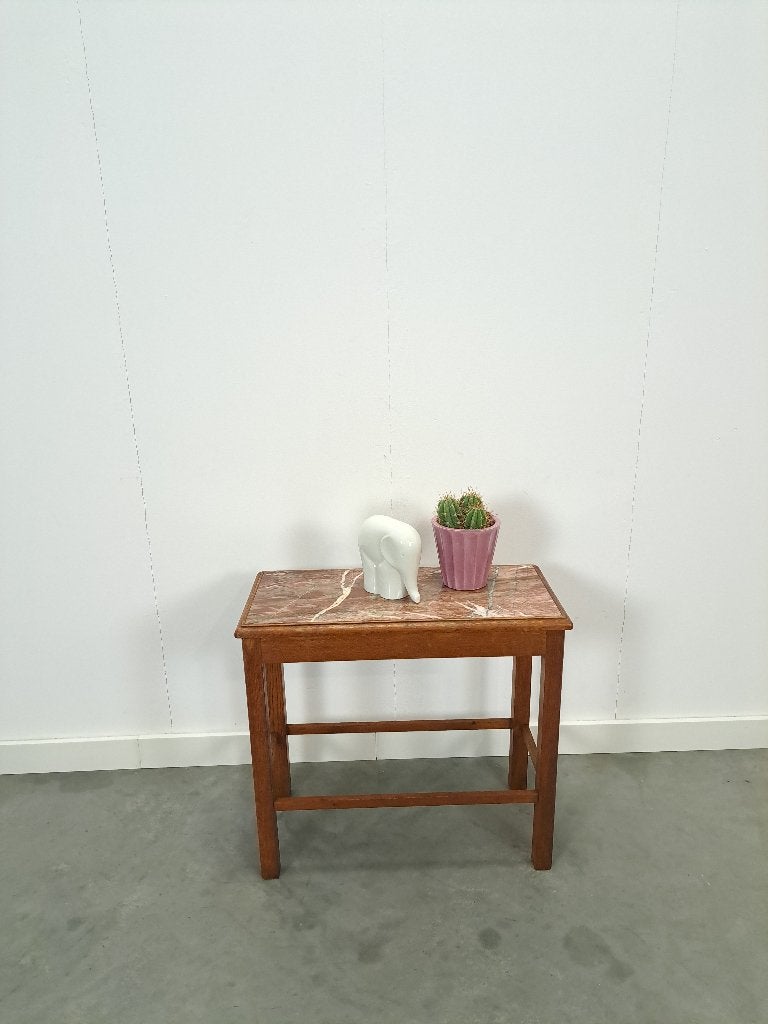 Oude houten tafel met marmeren blad, Gebruikt, 50 tot 100 cm, Vintage, Ophalen of Verzenden