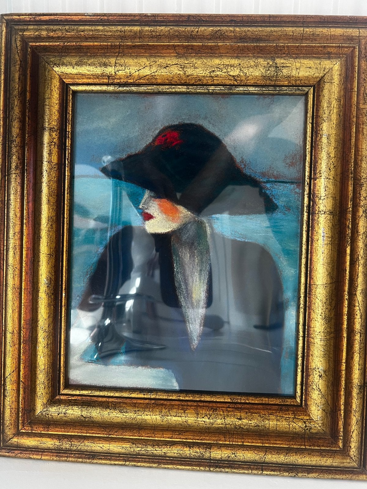 Vrouw met hoed - Pastel schilderij in lijst, Antiek en Kunst, Pastel, Ophalen of Verzenden, Ingelijst, Overige materialen
