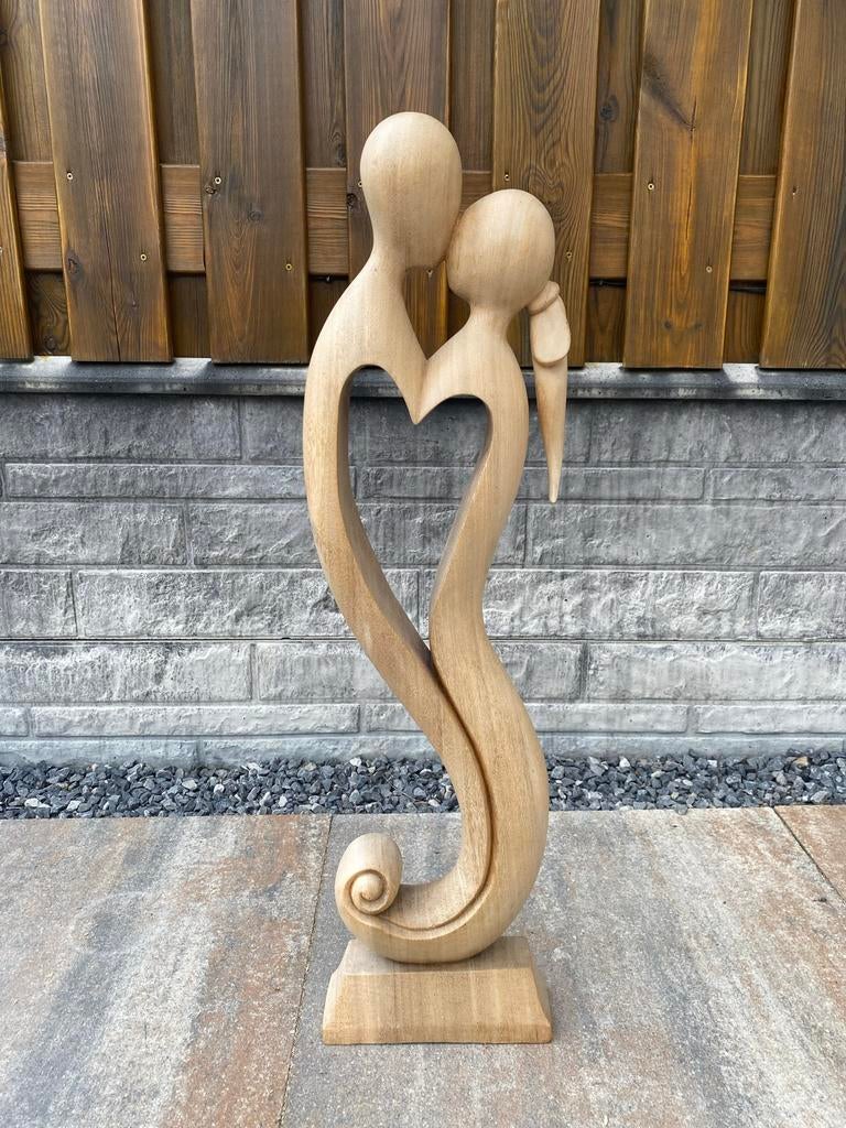 Houten Beeld Liefde Man Vrouw Hart - 80cm Handgemaakt, Ophalen, Zo goed als nieuw, Hout