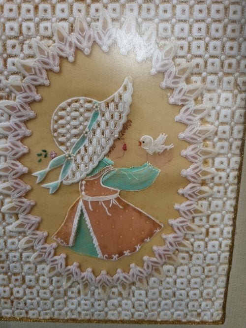 schilderij meisje met vogel papier en stof, Ophalen of Verzenden, 'T Olde Gre-j, Info@toldegrej.nl, Endepoelstraat 20f Didam