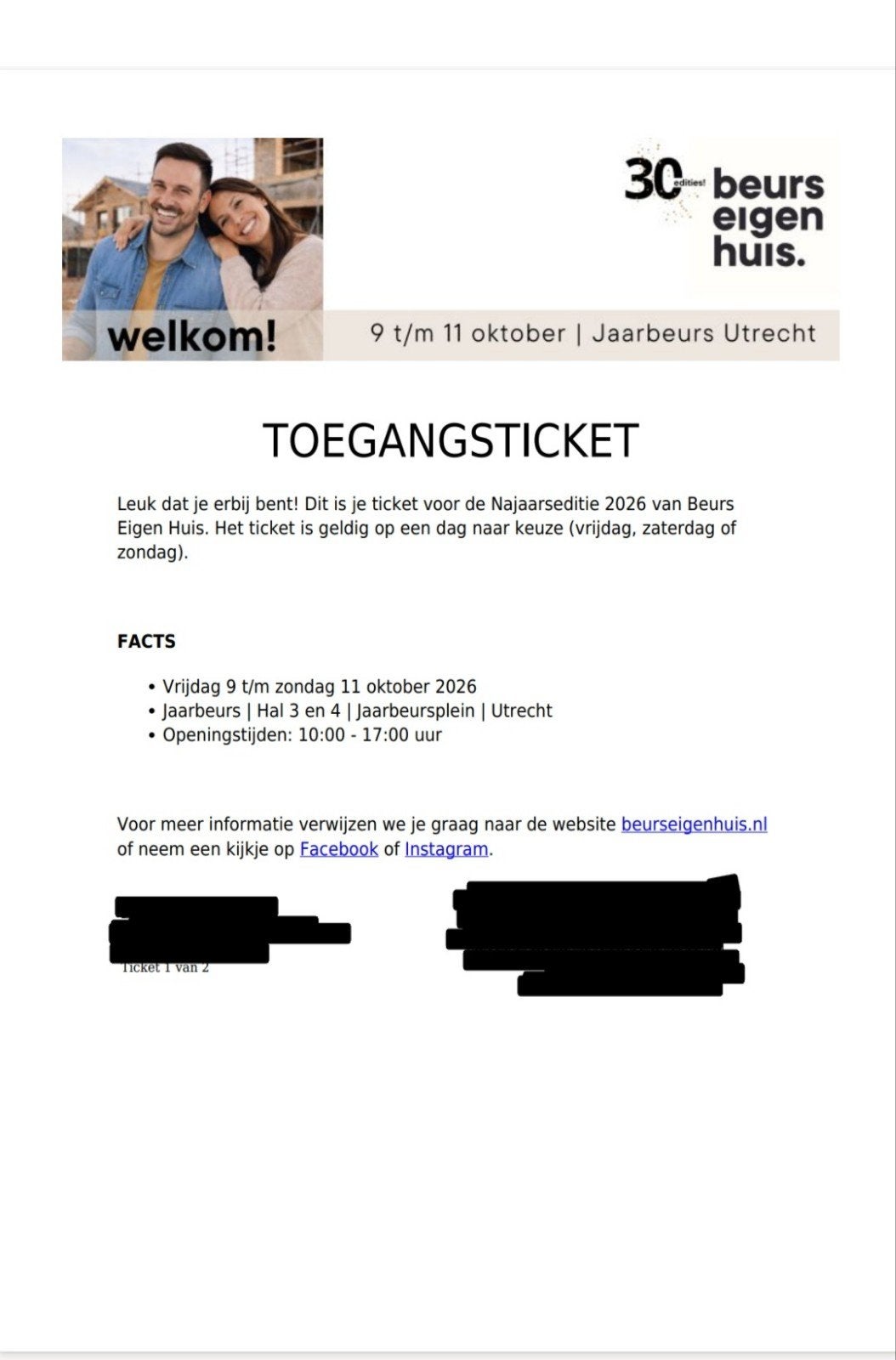 2 tickets voor de Beurs Eigen Huis in Jaarbeurs Utrecht, Tickets en Kaartjes, Twee personen, Oktober