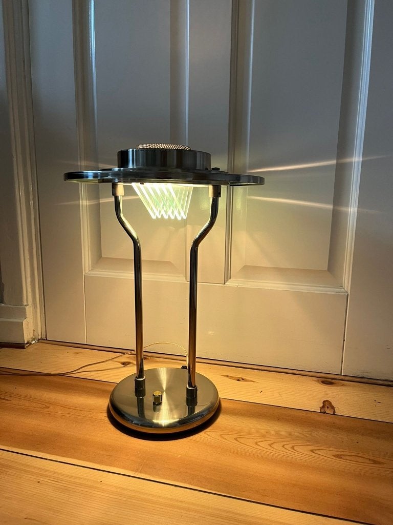 Vintage Chroom Space Age Postmodern tafellamp Boxford? 80's, Huis en Inrichting, Lampen | Tafellampen, Zo goed als nieuw, Glas