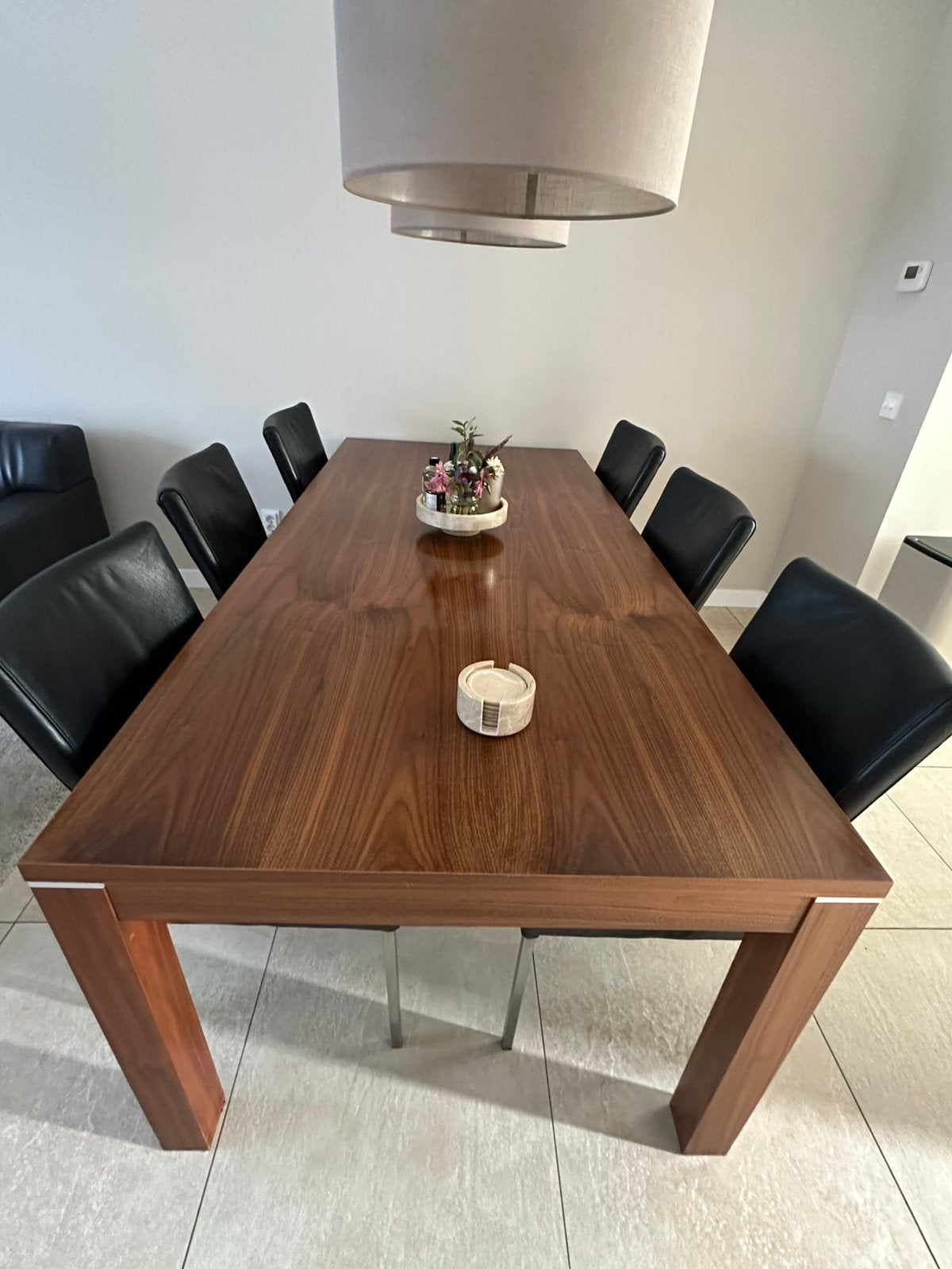 Notenhouten eettafel220 x100 met 6 leren eetstoelen, Huis en Inrichting, Ophalen, 200 cm of meer, 50 tot 100 cm, Vijf personen of meer