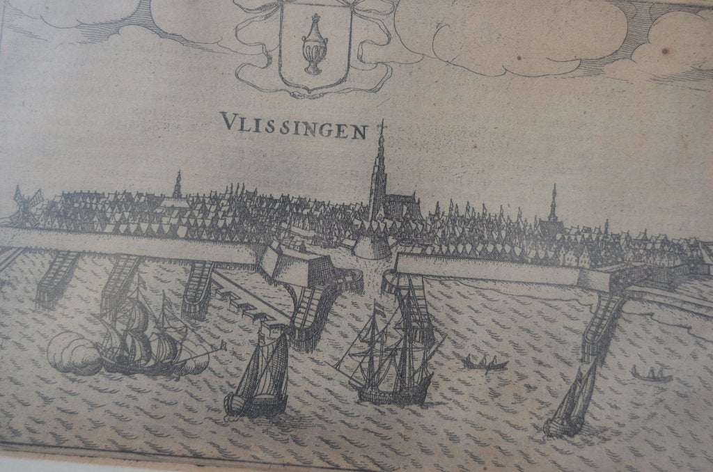 Ets/kopergravure Rede van Vlissingen L. Guicciardini ca 1620, 26 cm, 33 cm, Ingelijst, Stadsgezicht