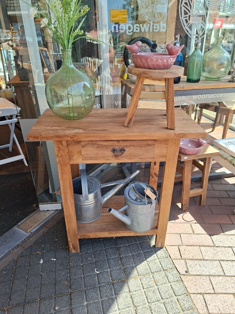 Robuust oud teakhouten sidetable 1 lade onderplateau, Huis en Inrichting, Tafels | Sidetables, Ophalen, 50 tot 100 cm, Teakhout
