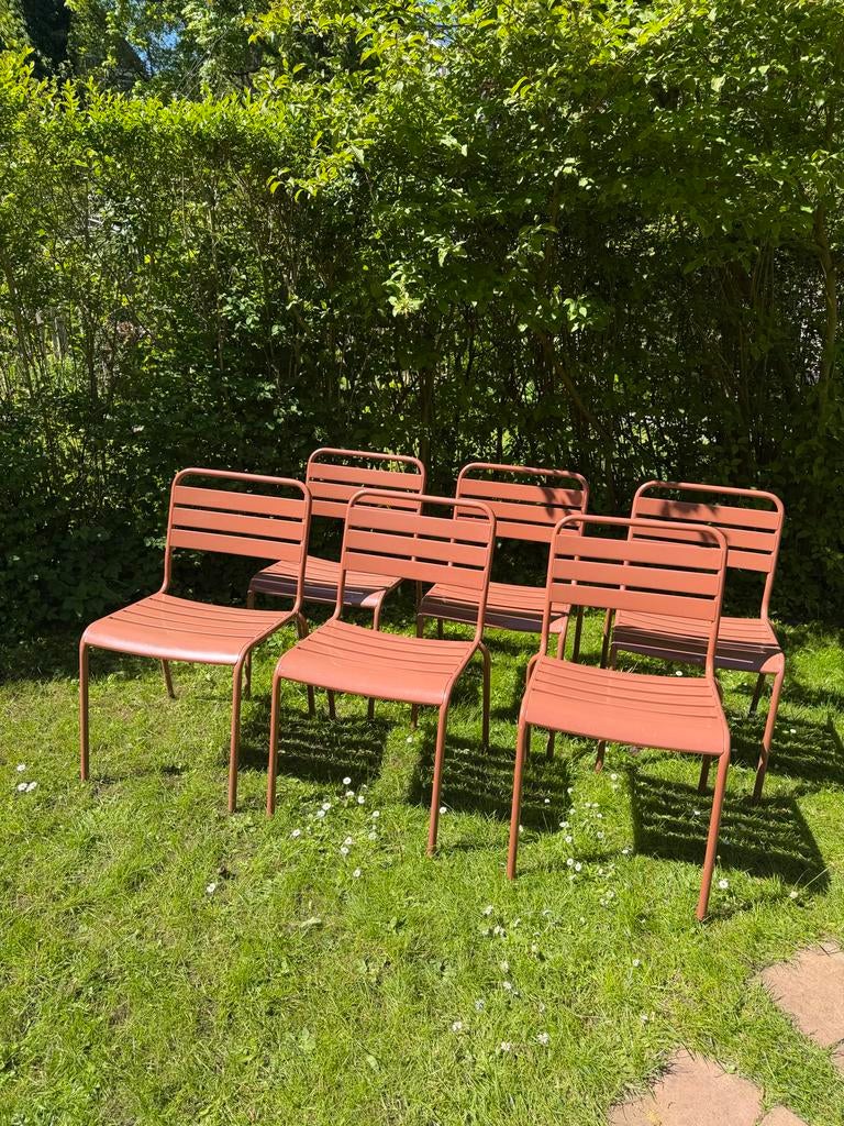 6 terracotta metalen tuinstoelen Maximavida, Huis en Inrichting, Stoelen, Gebruikt, Vijf, Zes of meer stoelen, Metaal, Overige kleuren