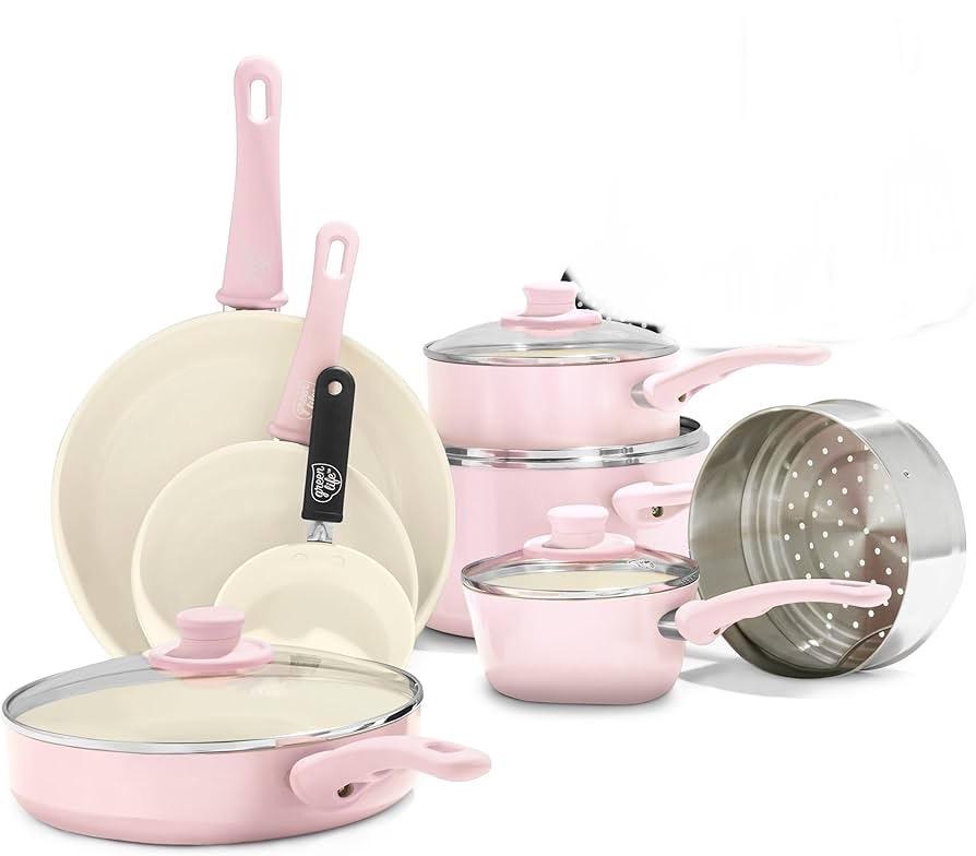 GreenLife Soft Grip Keramische Pannenset - Roze / pink pans, Huis en Inrichting, Keuken | Potten en Pannen, Keramische plaat, Aluminium