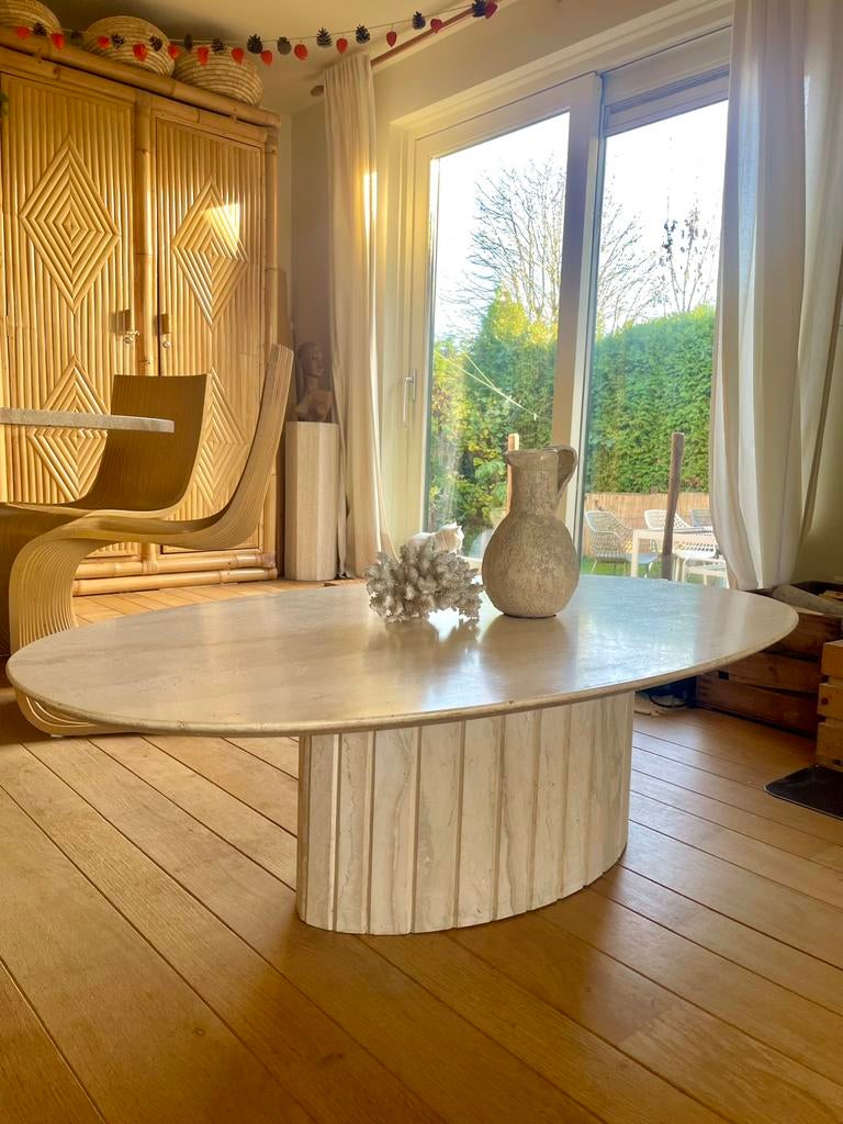 Prachtige travertin salontafel ovaal Italiaans design, Ophalen of Verzenden, Zo goed als nieuw, Ovaal