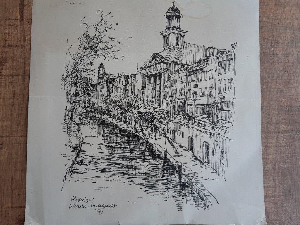 2 pentekeningen Utrecht Jan Rodrigo, Antiek en Kunst, Ophalen, Tekening, Pentekening, Gesigneerd