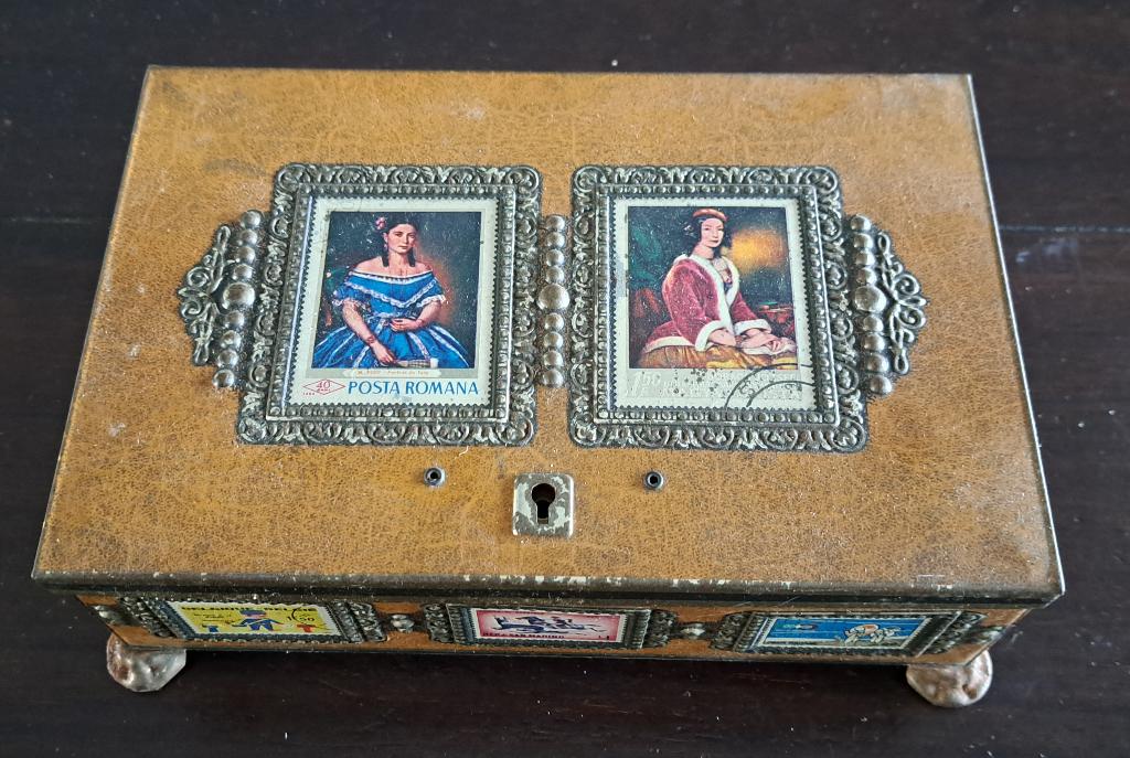 Leuk retro blik met postzegelopdruk, Ophalen of Verzenden, Gebruikt, Overige