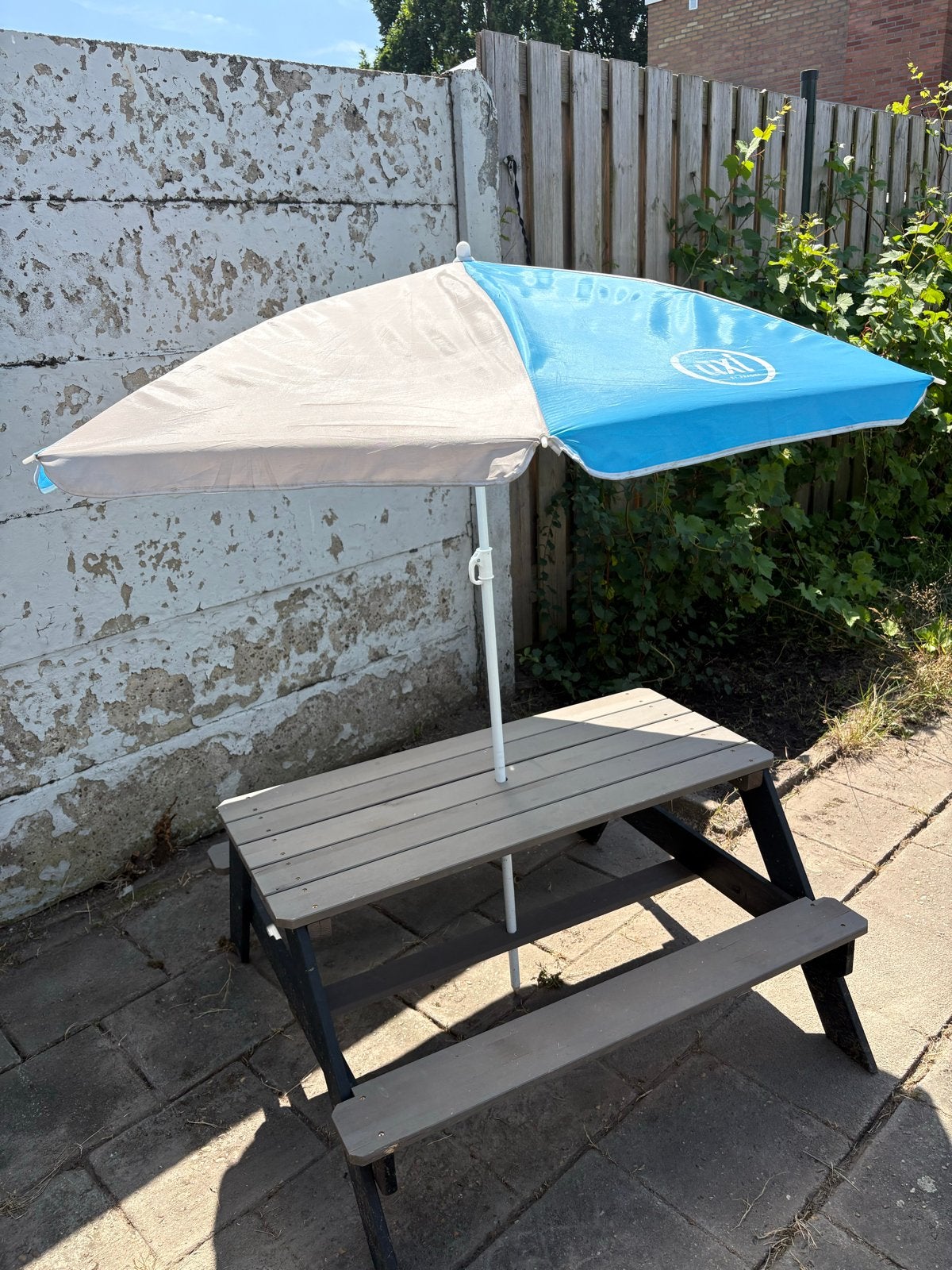 Kinderpicknicktafel met parasol, Gebruikt, Rechthoekig, Hout, Ophalen