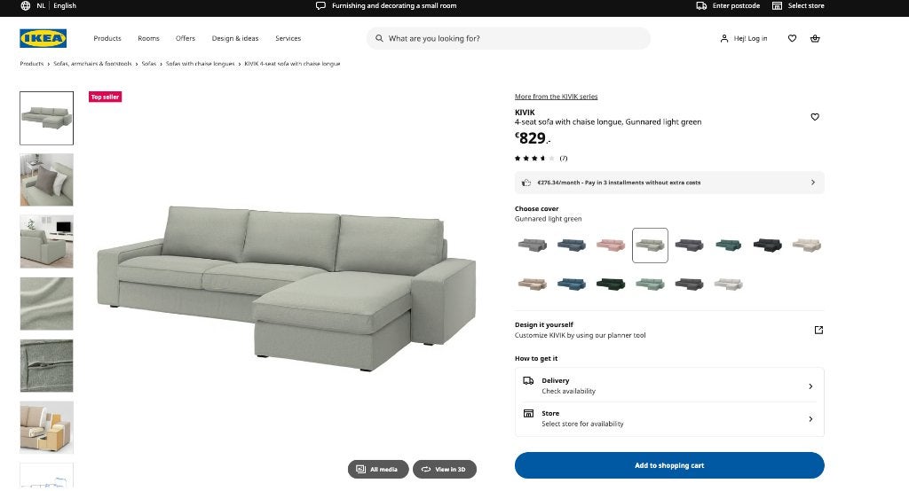 KIVIK 4-seat sofa with chaise longue, Gunnared light green, Overige materialen, Gebruikt, 100 tot 125 cm, 300 cm of meer