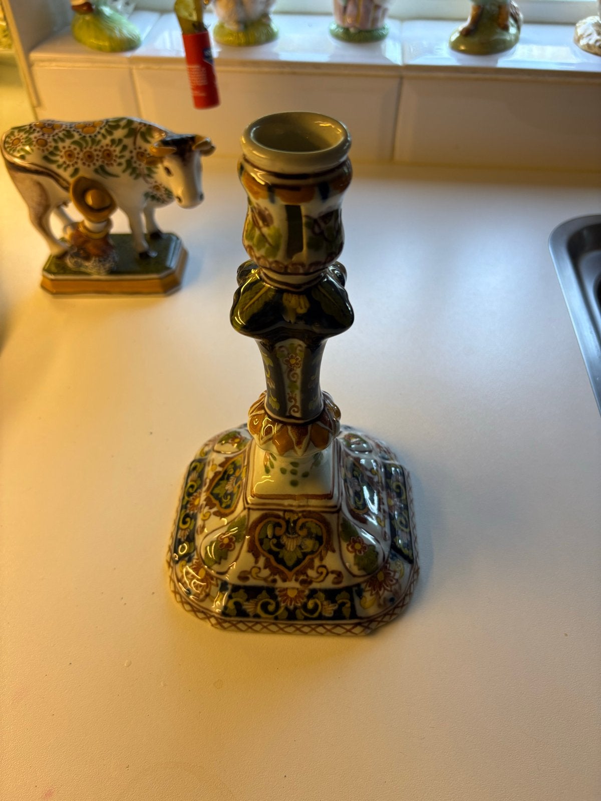 Antieke Makkum Tichelaar kandelaar, handgeschilderd, Ophalen of Verzenden, Keramiek of Aardewerk