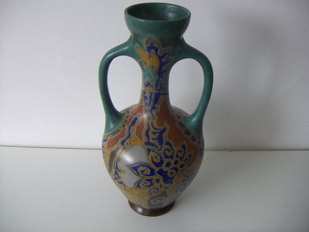 Zuid Holland Gouda plateel vaas. Schilder H. Breetvelt ., Handgemaakt, Meerkleurig, Ophalen of Verzenden, Zo goed als nieuw