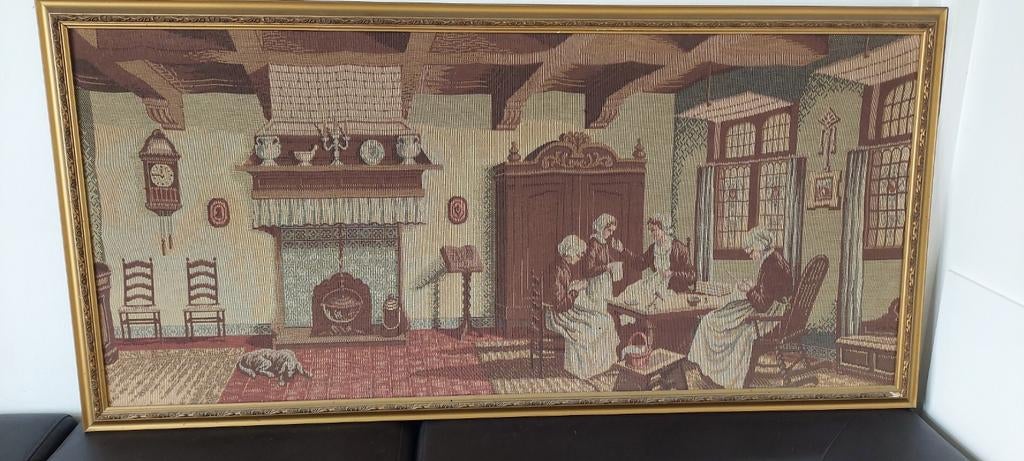 Antiek wandtapijt Frans muurschilderij 1910..., Ophalen of Verzenden, Handgemaakt, Beeld