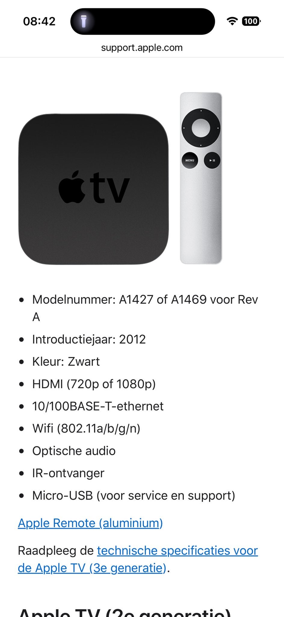 Apple TV 3e generatie (A1469) met afstandsbediening, Ophalen of Verzenden, Gebruikt, HDMI, Zonder harde schijf