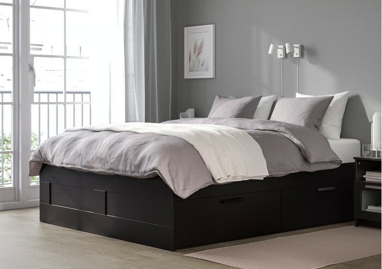 Bedframe tweepersoons zwart 180x200 met lades (Ikea Brimnes), Ophalen, Gebruikt, Zwart, Tweepersoons