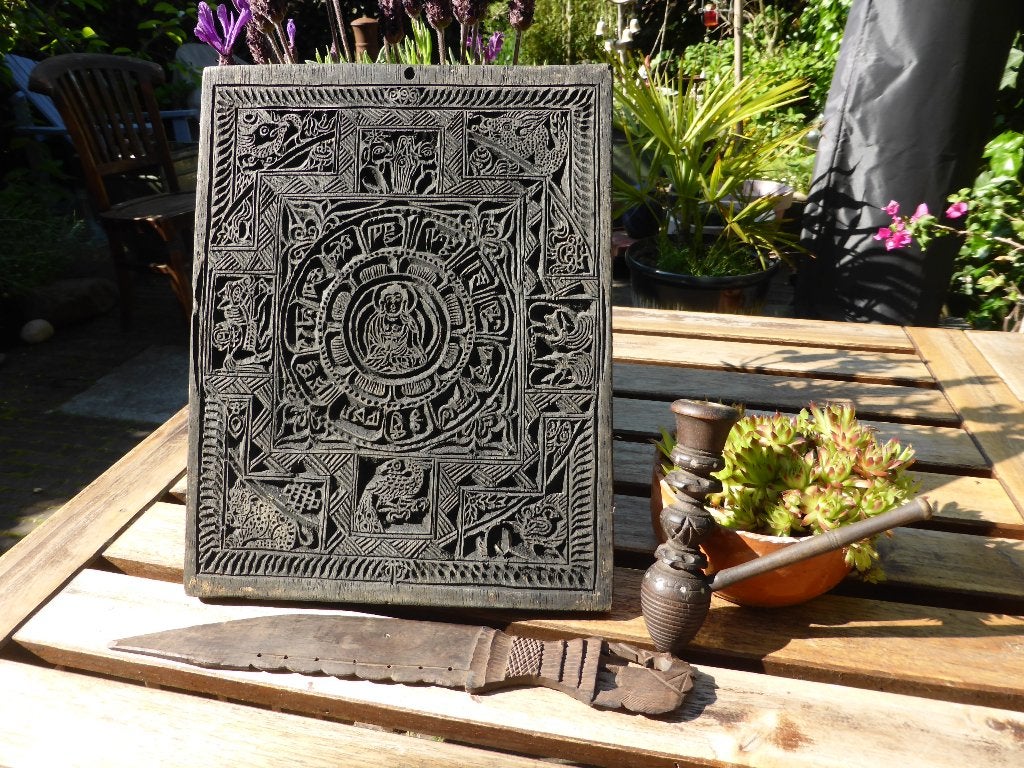 Boeddhistische Nepalese stempel / drukplaat, mes en pijp, Ophalen of Verzenden