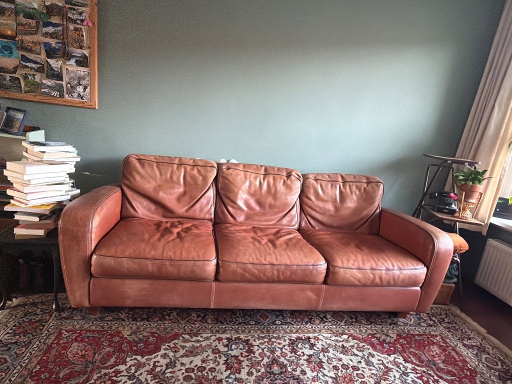 Vintage leren bank #retro #vintage, Huis en Inrichting, Banken | Bankstellen, Ophalen, Gebruikt, Driepersoons, 75 tot 100 cm