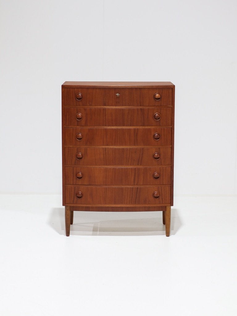 Ladekast Kai Kristiansen curved teak Deens vintage, Ophalen, 100 tot 150 cm, -, Teakhout