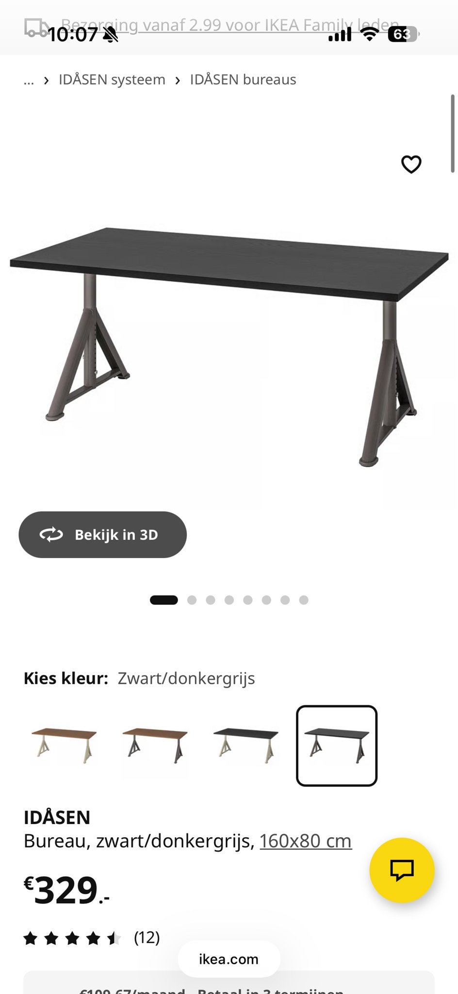 IKEA IDÅSEN Bureau Zwart/Donkergrijs 160x80 cm, Ophalen, Zwart, Metaal, Zo goed als nieuw