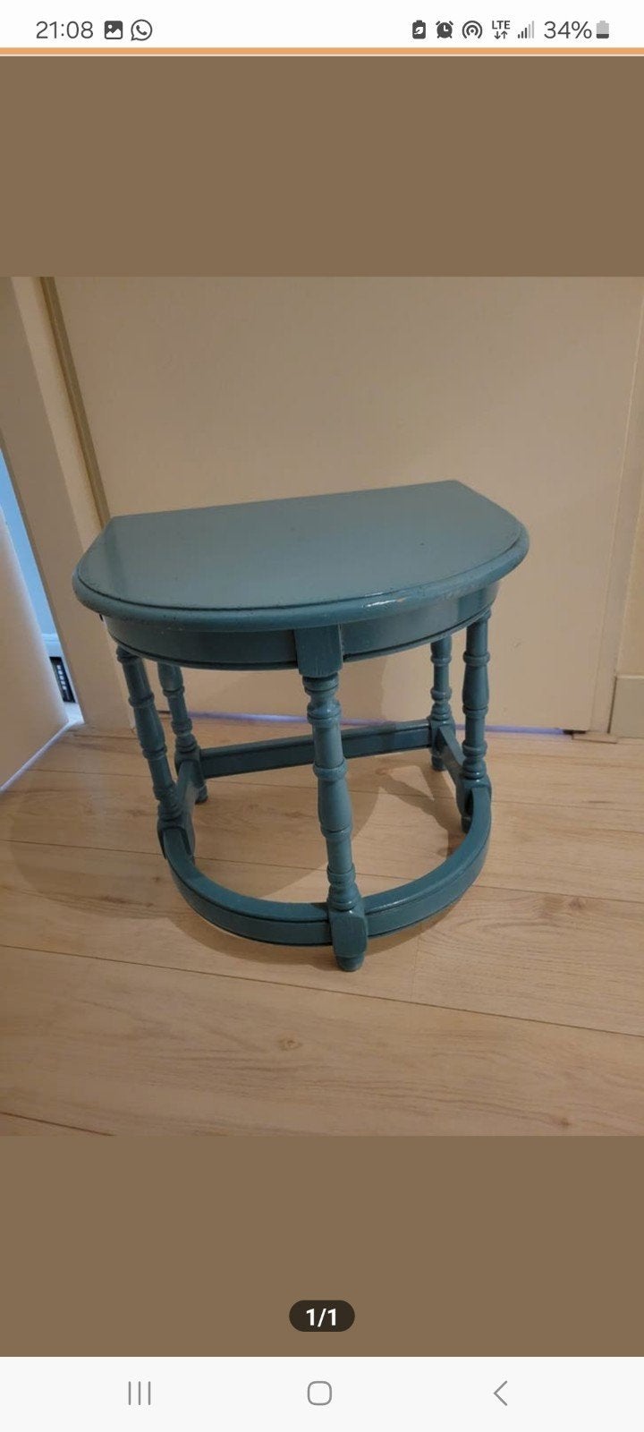 Halfronde bijzettafel/sidetable in blauwgroen, Gebruikt, Klassiek, landelijk, 55 tot 75 cm, Ovaal