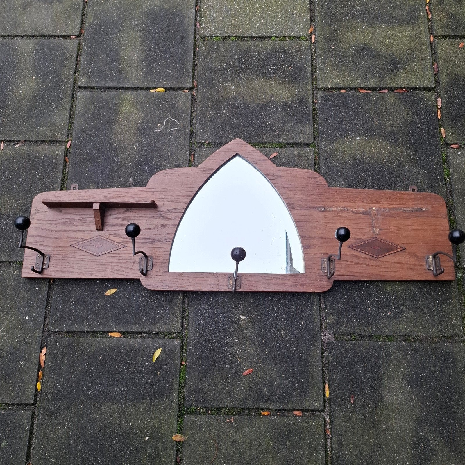 Vintage Amsterdamse School Kapstok en Spiegel Art Deco Eiken, Gebruikt, Minder dan 100 cm, Hout, Ophalen