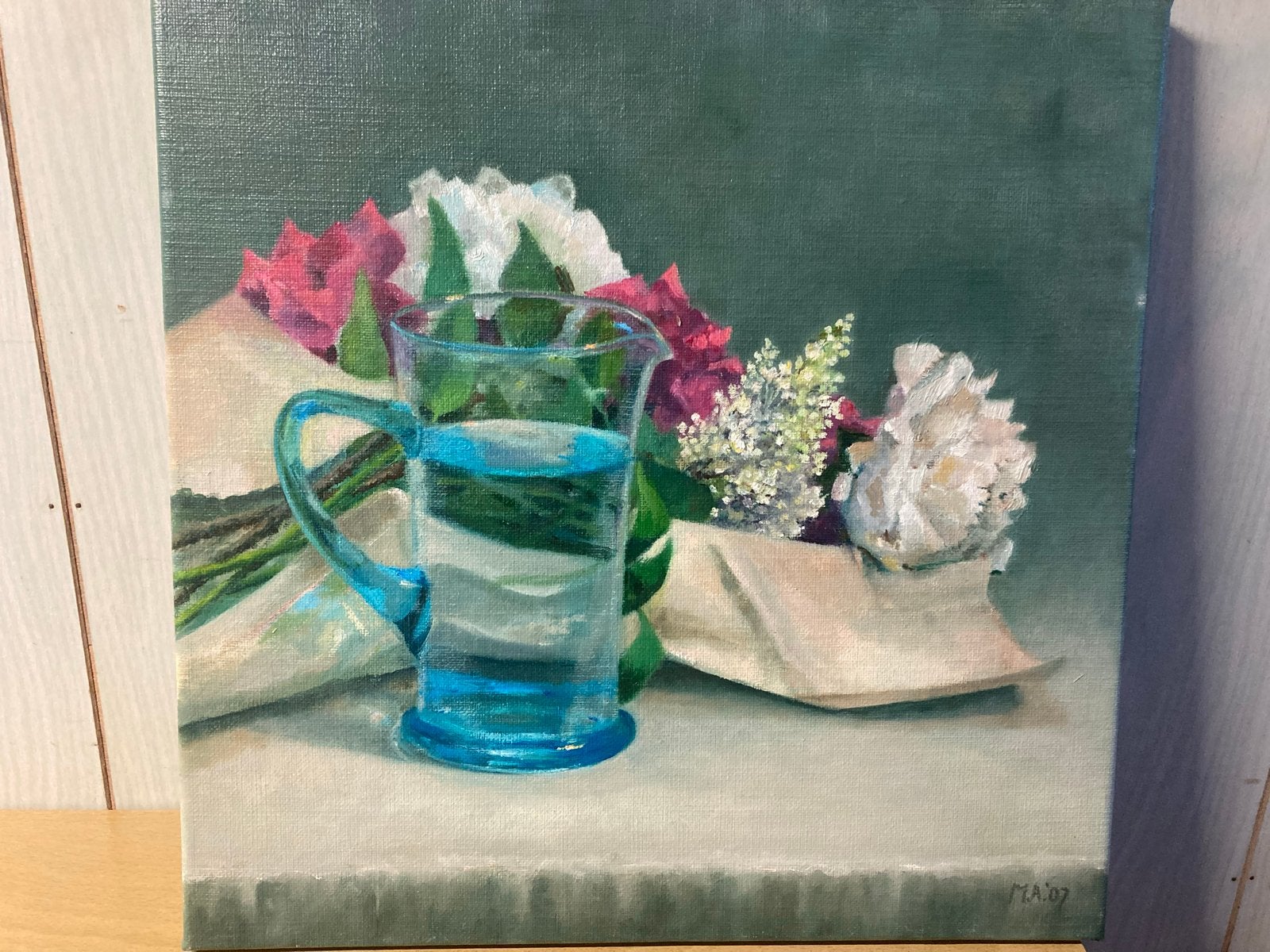 Stilleven met bloemen en waterkan, olieverf op doek, Antiek en Kunst, Kunst | Schilderijen | Klassiek, Doek, Stilleven, Ophalen of Verzenden