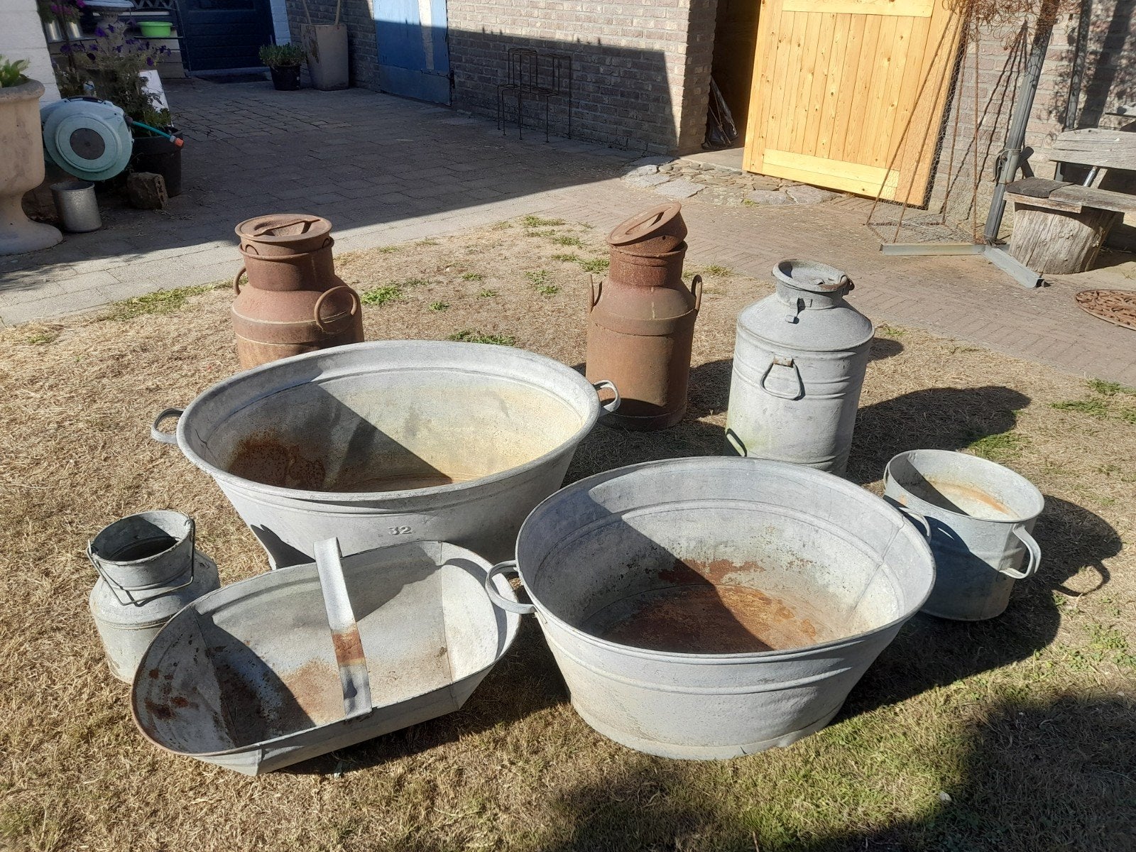 Antieke zinken teilen en melkbussen - Decoratie set, Ophalen
