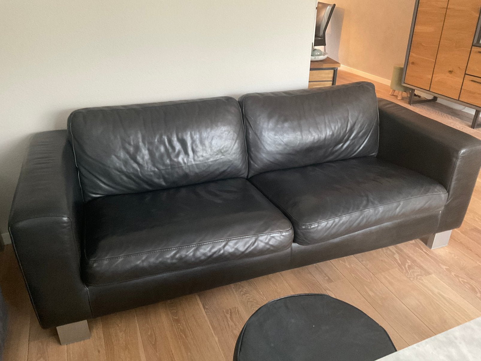 Zwarte leren 3 zits bank van topform, Ophalen, Gebruikt, Driepersoons, Modern, strak