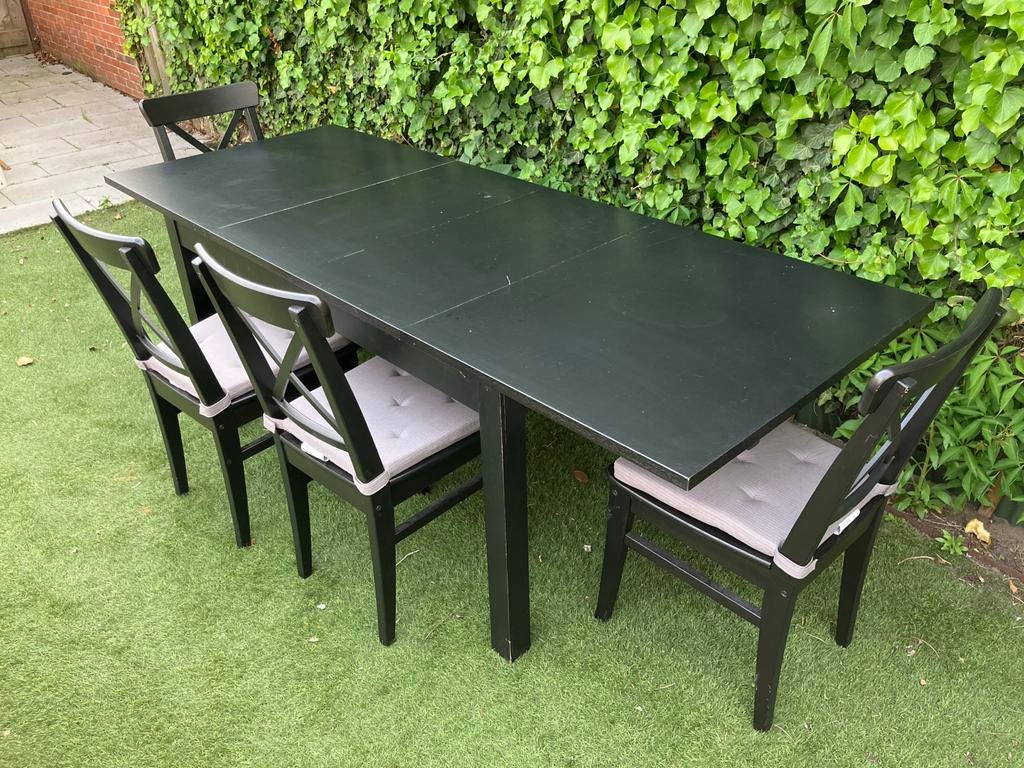 IKEA Bjursta uitschuifbare eettafel met 4 Rosentorp stoelen, Huis en Inrichting, Tafels | Eettafels, Ophalen, Gebruikt, 200 cm of meer