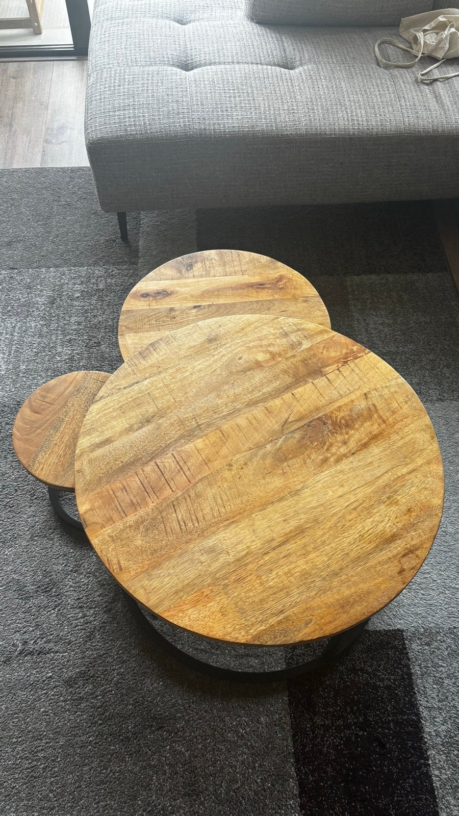 Set van 3 Mangohouten Salon Tafels - Gebruikt maar Netjes, Huis en Inrichting, Tafels | Salontafels, Ophalen, Gebruikt, Rond, 50 tot 100 cm