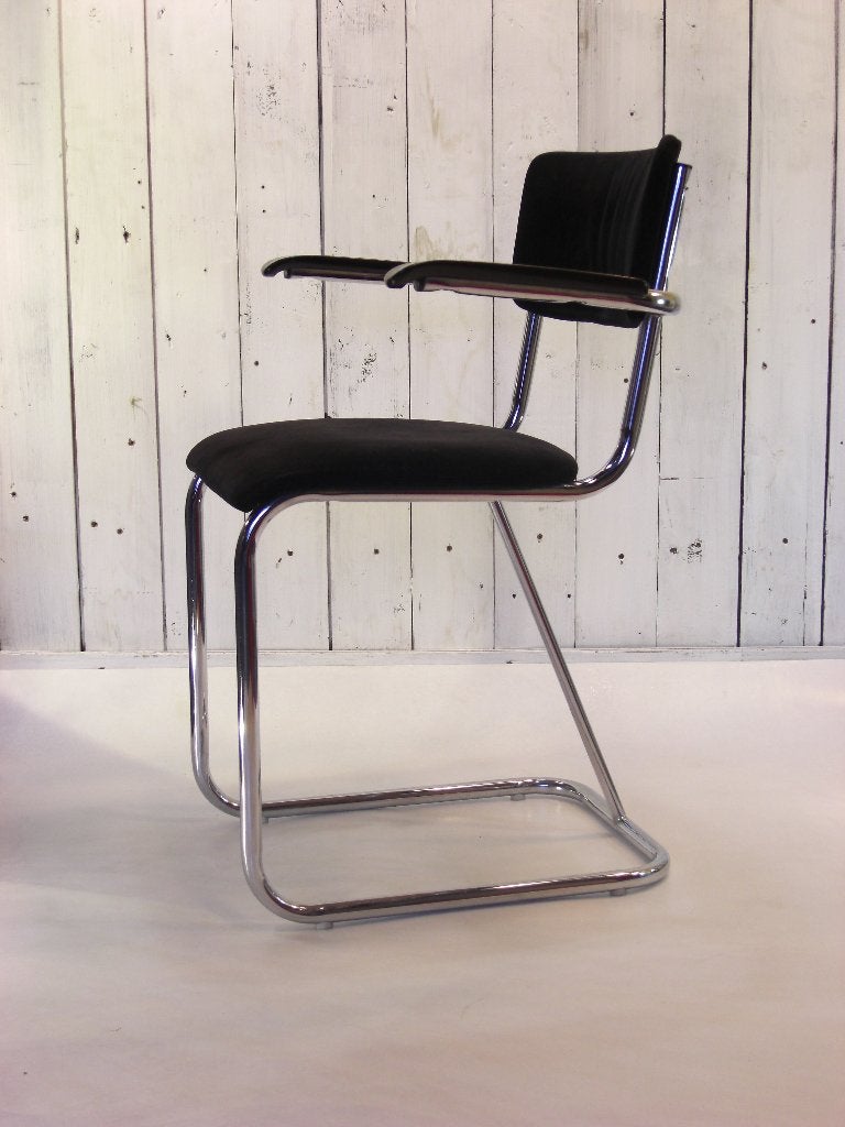 Vintage stoel Gispen 207 stijl in zwart rib gestoffeerde, Huis en Inrichting, Stoelen, Ophalen, Gebruikt, Stof, Zwart
