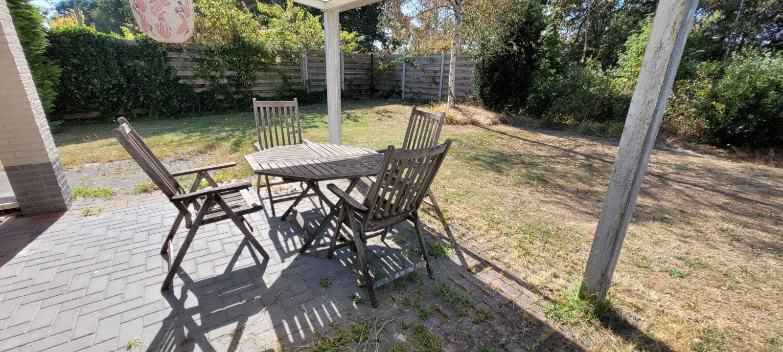 Teakhouten tuinset met 4 stoelen en tafel, Tuin en Terras, Tuinsets en Loungesets, Ophalen, 4 zitplaatsen, Gebruikt, Teakhout