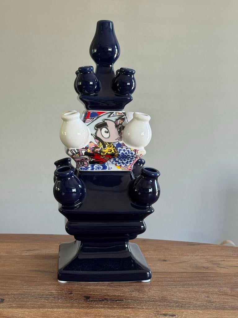 Heinen Delfts Blauw tulpenvaas met moderne print, Ophalen