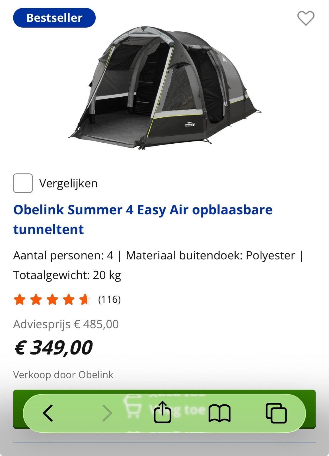 Obelink Summer 4 Easy Air opblaasbare tunneltent, Ophalen, Zo goed als nieuw, Tot en met 4