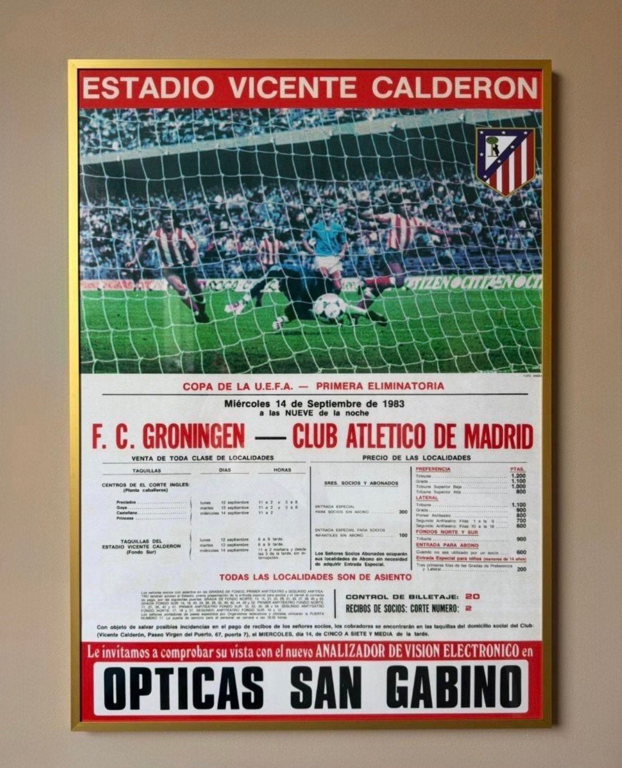 Vintage voetbalposter Atletico Madrid-FC Groningen, Ophalen of Verzenden, Zo goed als nieuw, Poster, Plaatje of Sticker