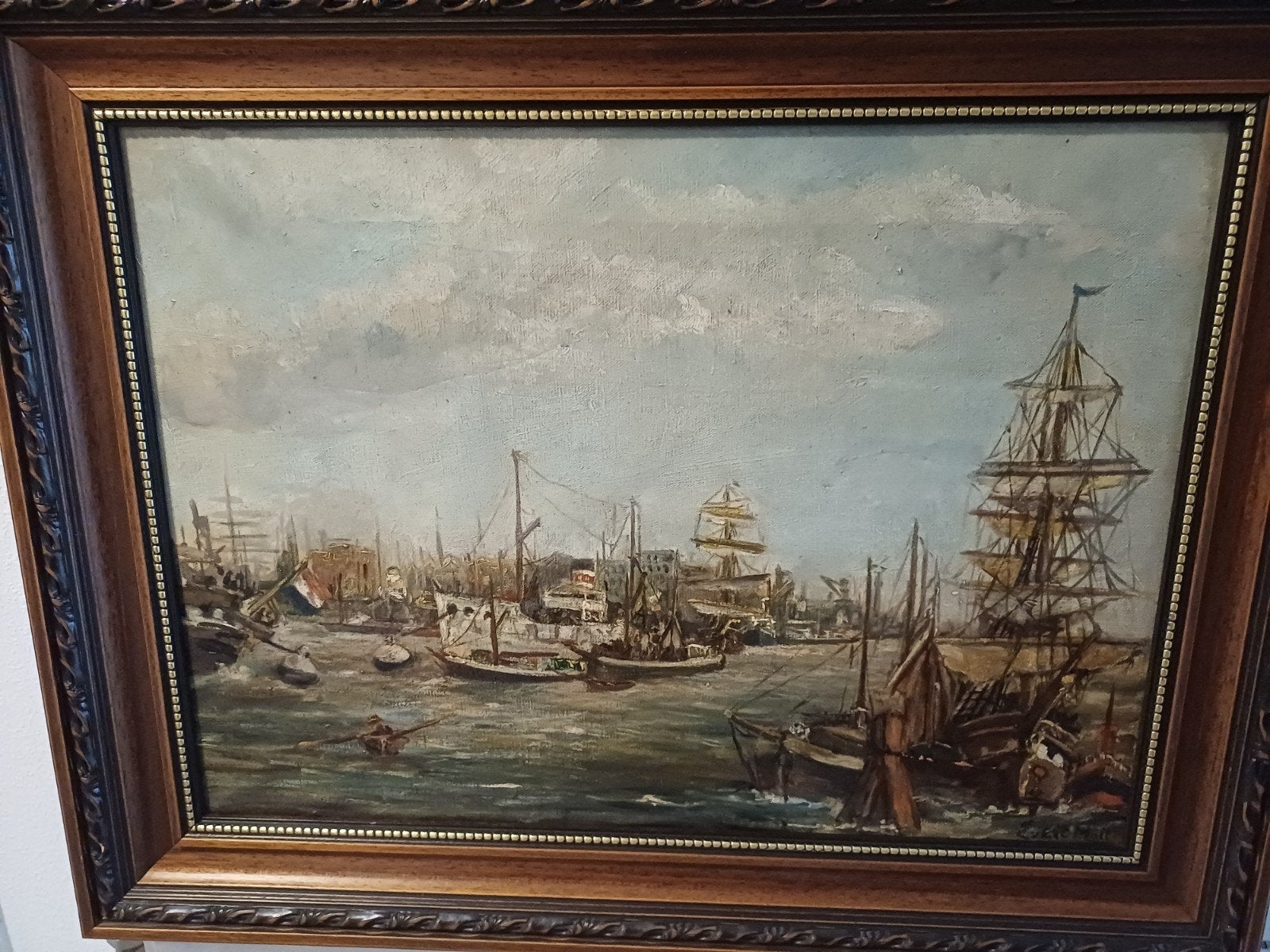 Evert Moll schilderij met veel boten, Ophalen of Verzenden