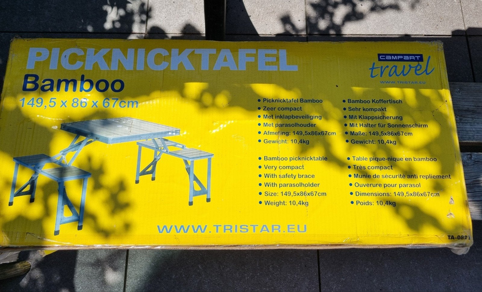 Compacte Bamboe Picknicktafel met Parasolhouder, Nieuw, Ophalen of Verzenden, Inklapbaar, Rechthoekig
