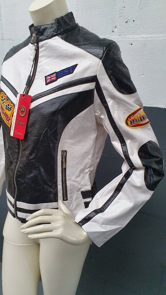 Stoer leren jasje, race jas, bikerjas. Wit zwart, mt XL. S24, Tweedehands verkoop, Tweedehands verkoop, Wit, Maat 46/48 (XL) of groter