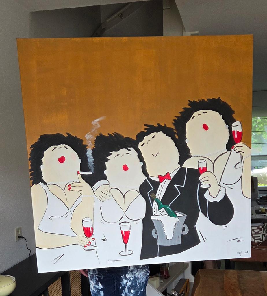 Feestelijke schildering: Vrolijk gezelschap met champagne, Ophalen of Verzenden