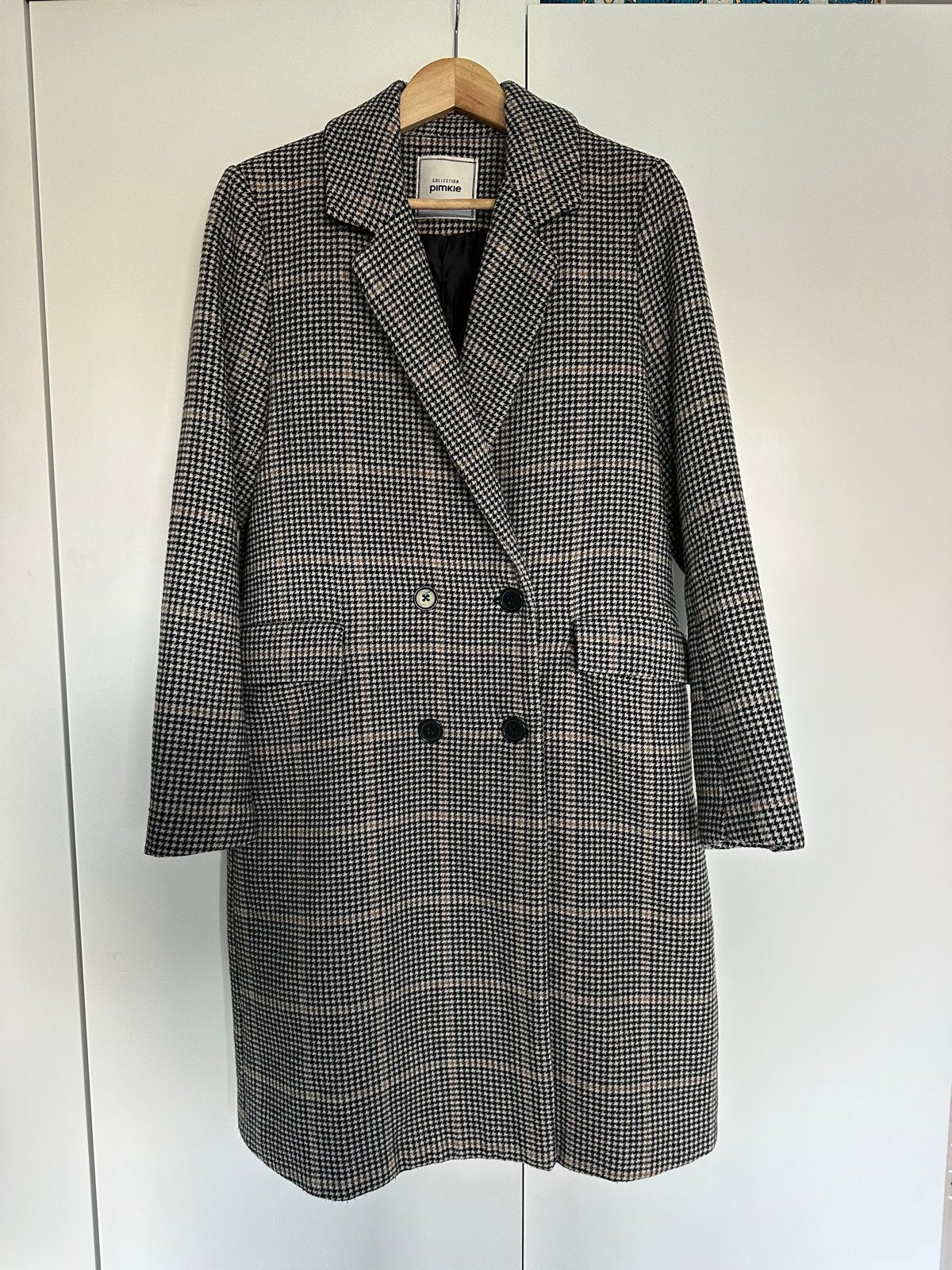 Double-breasted houndstooth coat, wool blend, size S-M, Ophalen of Verzenden, Zo goed als nieuw, Maat 38/40 (M), Meerkleurig
