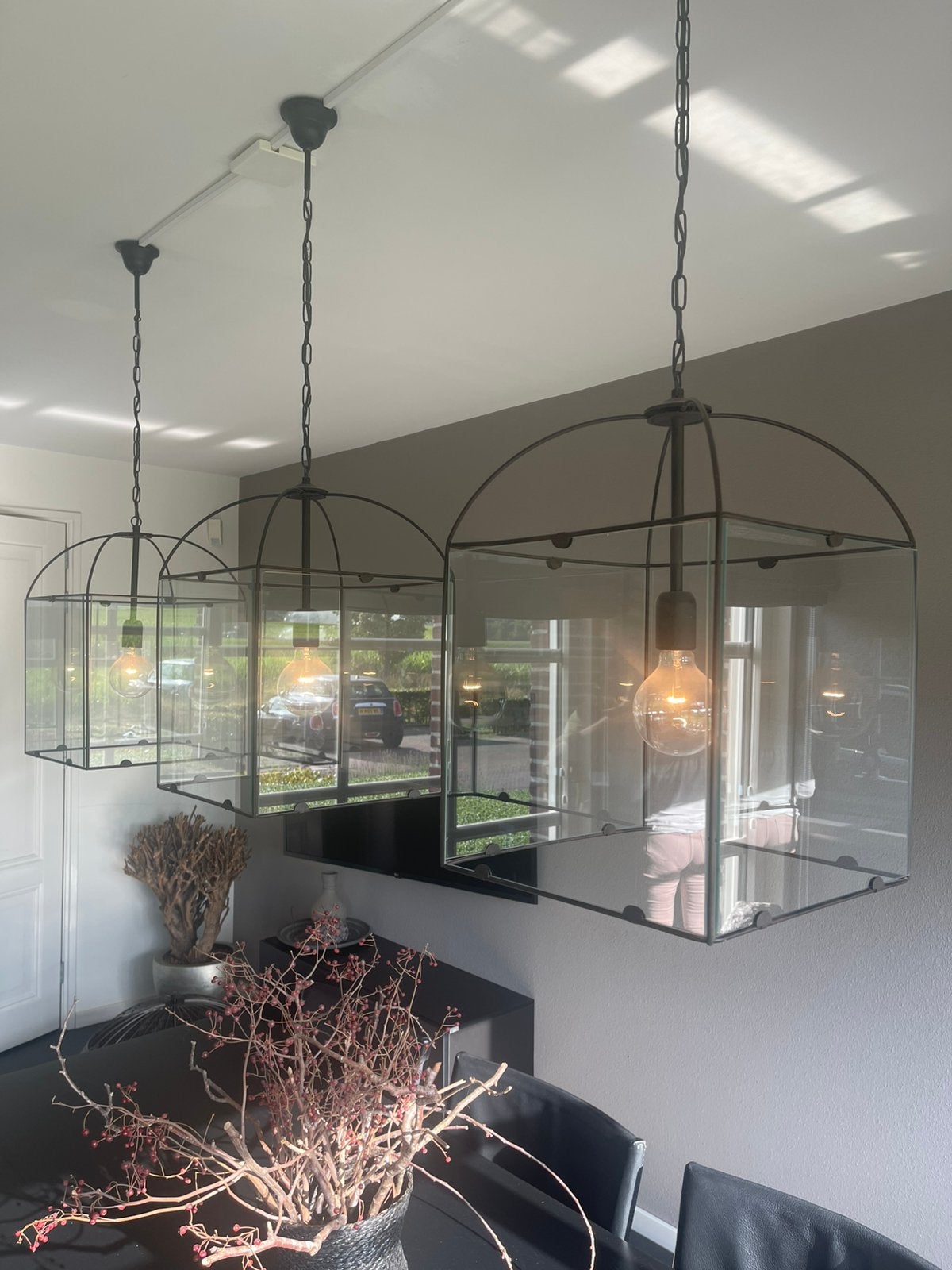 3 industriële hanglampen, Huis en Inrichting, Lampen | Hanglampen, Ophalen, Gebruikt, Glas, E27 (groot)