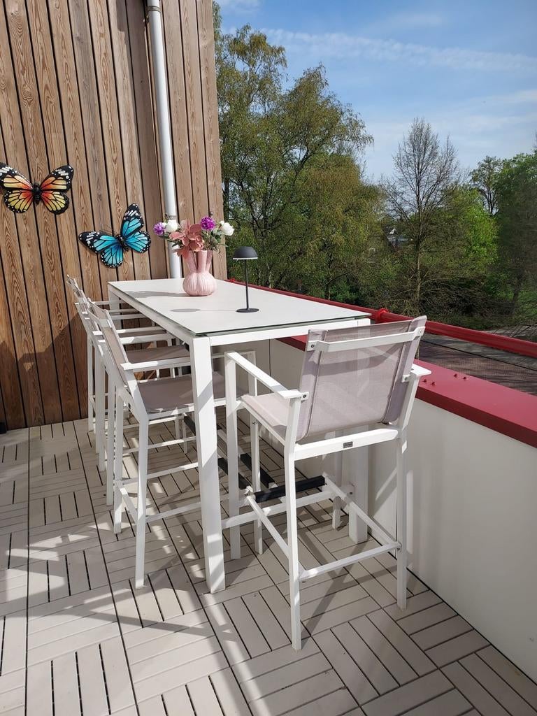Bellagio bartafel met 4 barkrukken - 200x80×105cm, Ophalen, Gebruikt, Rechthoekig, Metaal